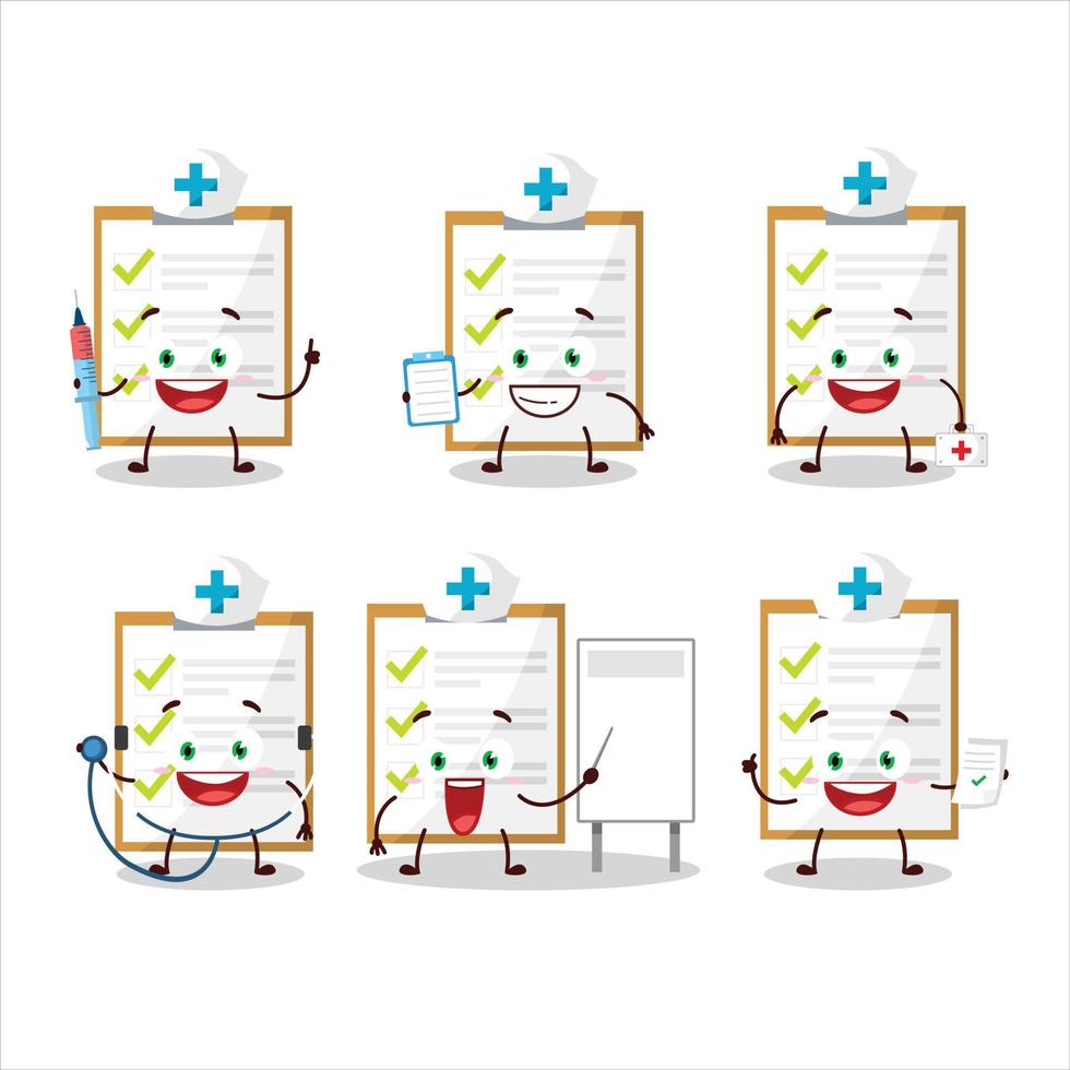 médico profesión emoticon con Lista de Verificación dibujos animados personaje vector