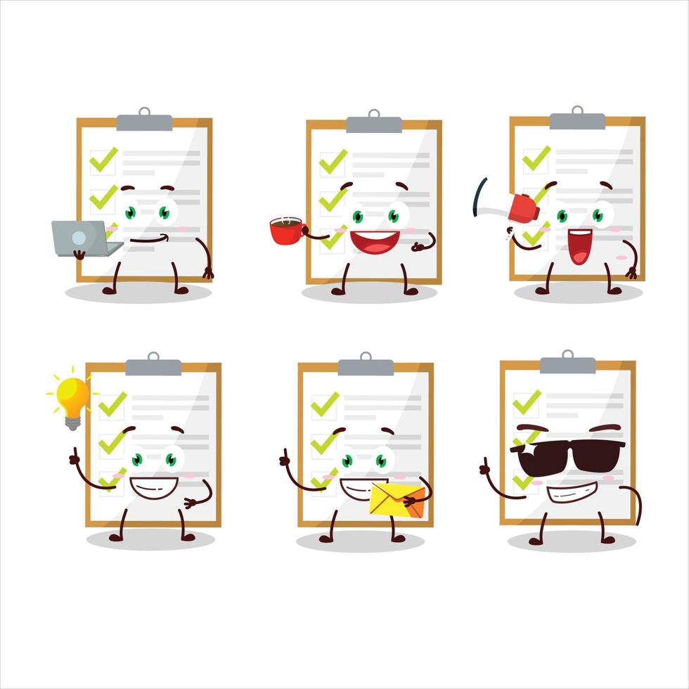 Checklist cartoon character with various types of business emoticons vector