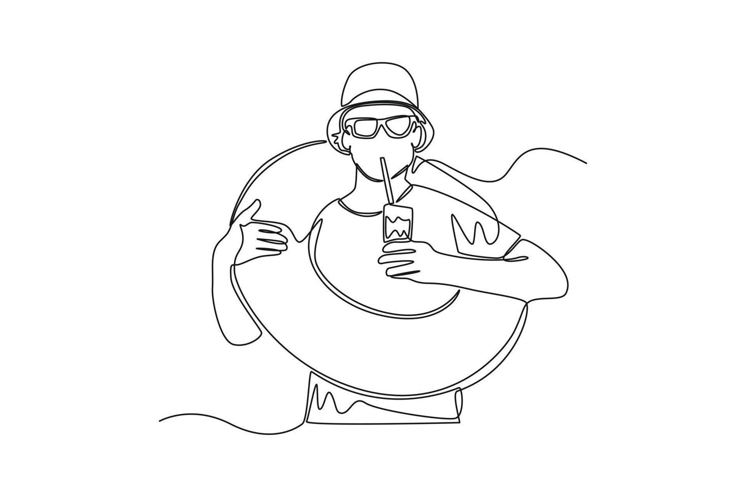 Single one line drawing happy boy drinking juice with inflatable swimming circle. Summer beach concept. Continuous line draw design graphic vector illustration.