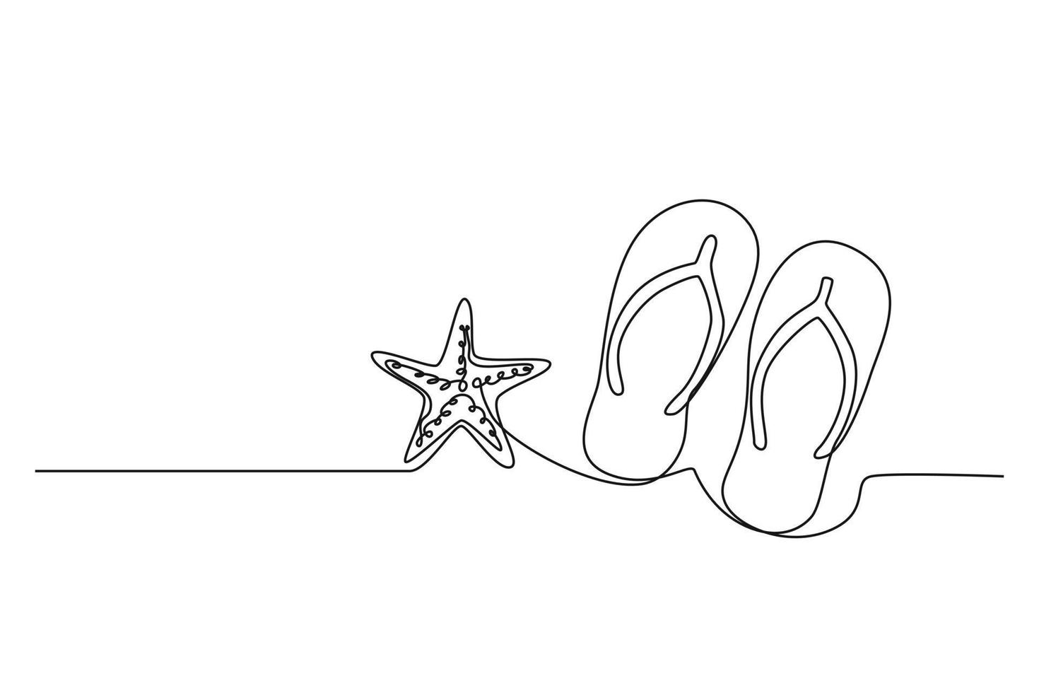 Single one line drawing starfish and beach slippers. Summer beach concept. Continuous line draw design graphic vector illustration.
