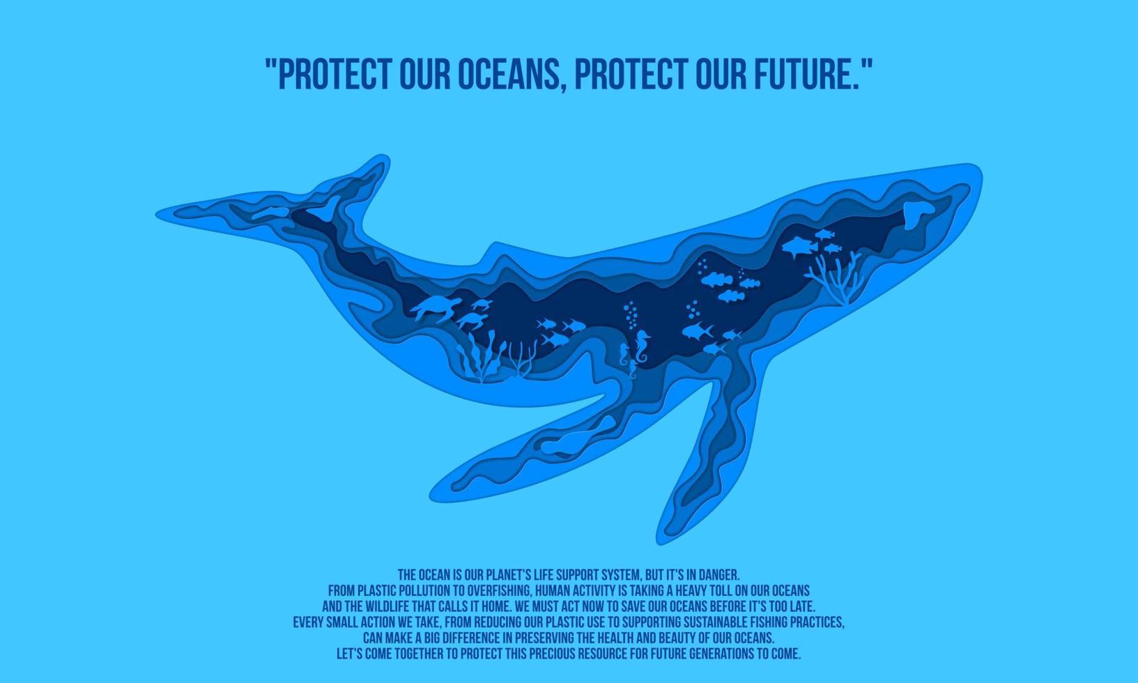 Whale world oceans day background in paper cut stlye vector. vector