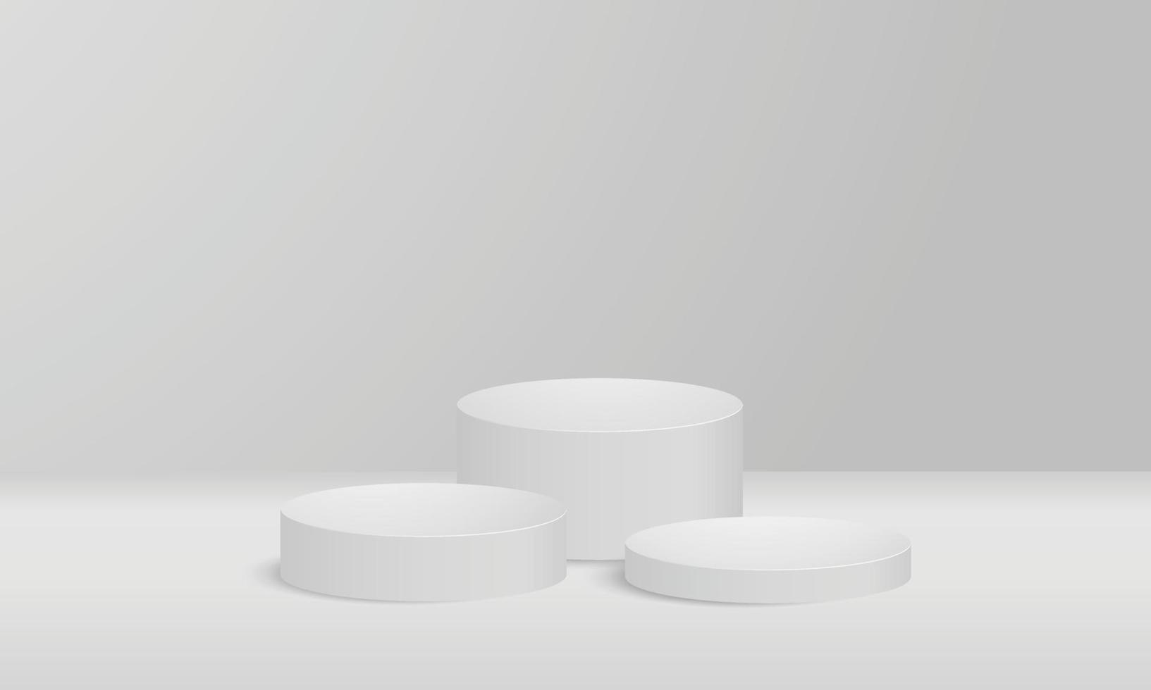 3d display product minimal scene with geometric podium platform. Abstract white 3D room with realistic white cylinder pedestal podium. Stage showcase on pedestal display beige background studio vector