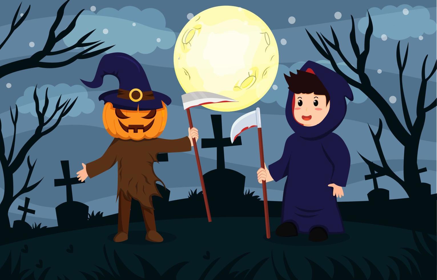 Happy Halloween background design vector with kids in pumpkin and devil Halloween costumes.