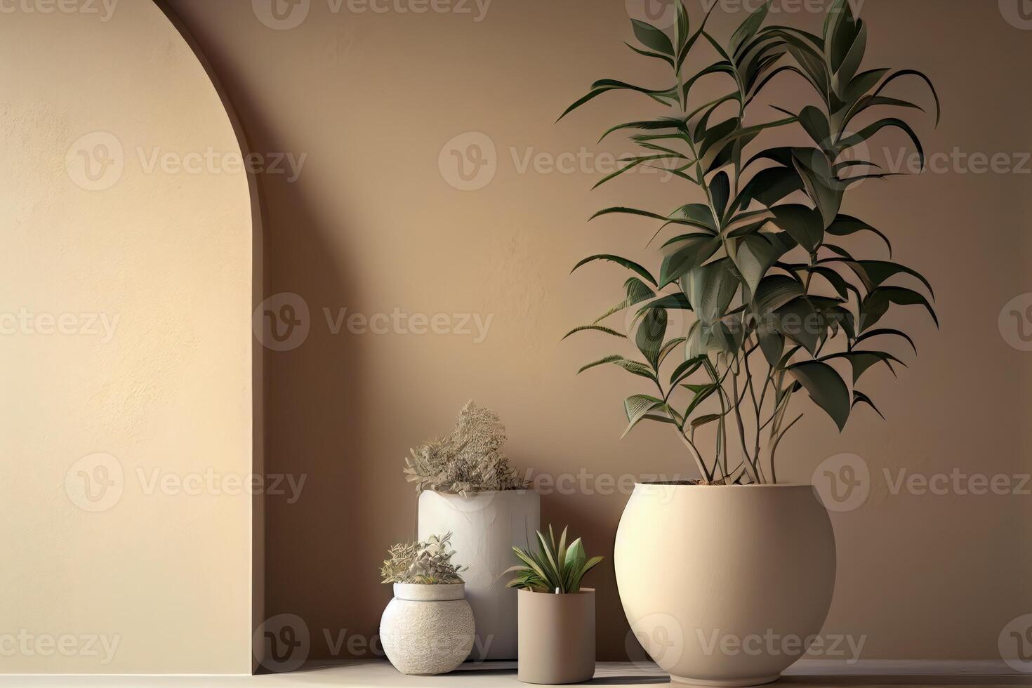 Interior background of room with beige stucco wall and pot with plant . photo