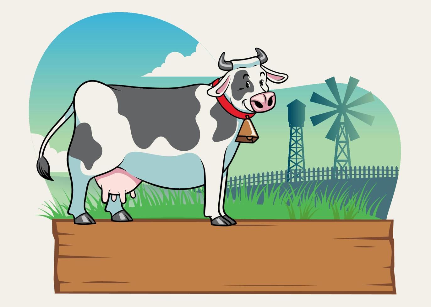 cow in the farm with blank wooden board sign vector