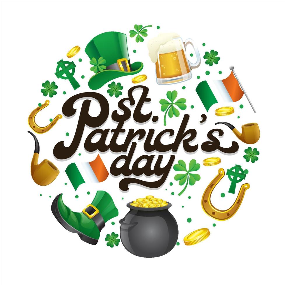 saint patrick's day lettering design with some objects surrounded vector