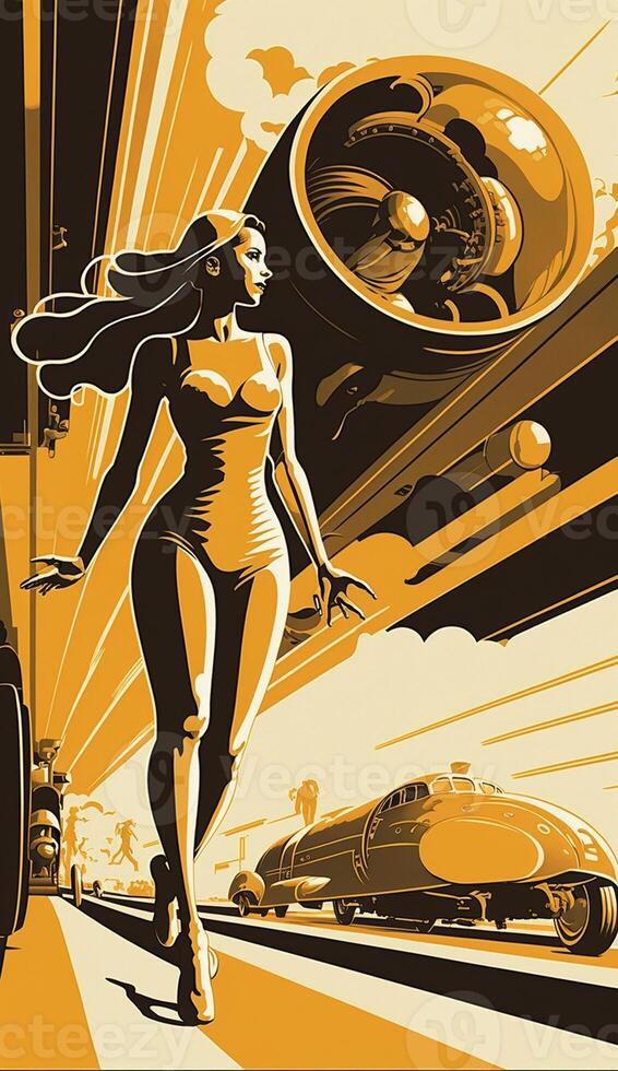 illustration of woman with future technology in retro futuristic 30s style poster , photo