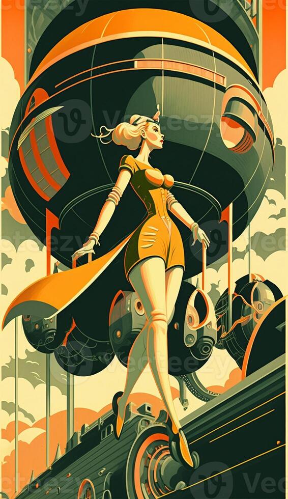 illustration of woman with future technology in retro futuristic 30s style poster , photo