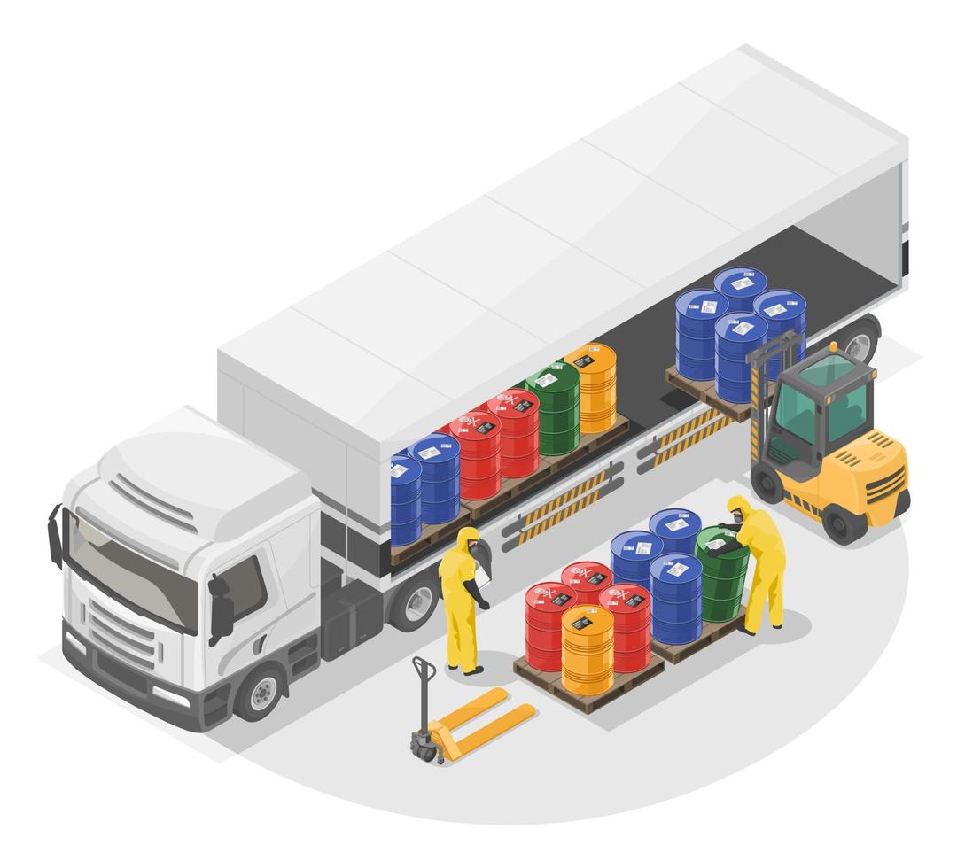 Toxic waste Hazardous Waste Disposal transportation workers in Yellow Hazard Suit moving chemical tank in industry zone to truck illustration isometric isolated cartoon vector