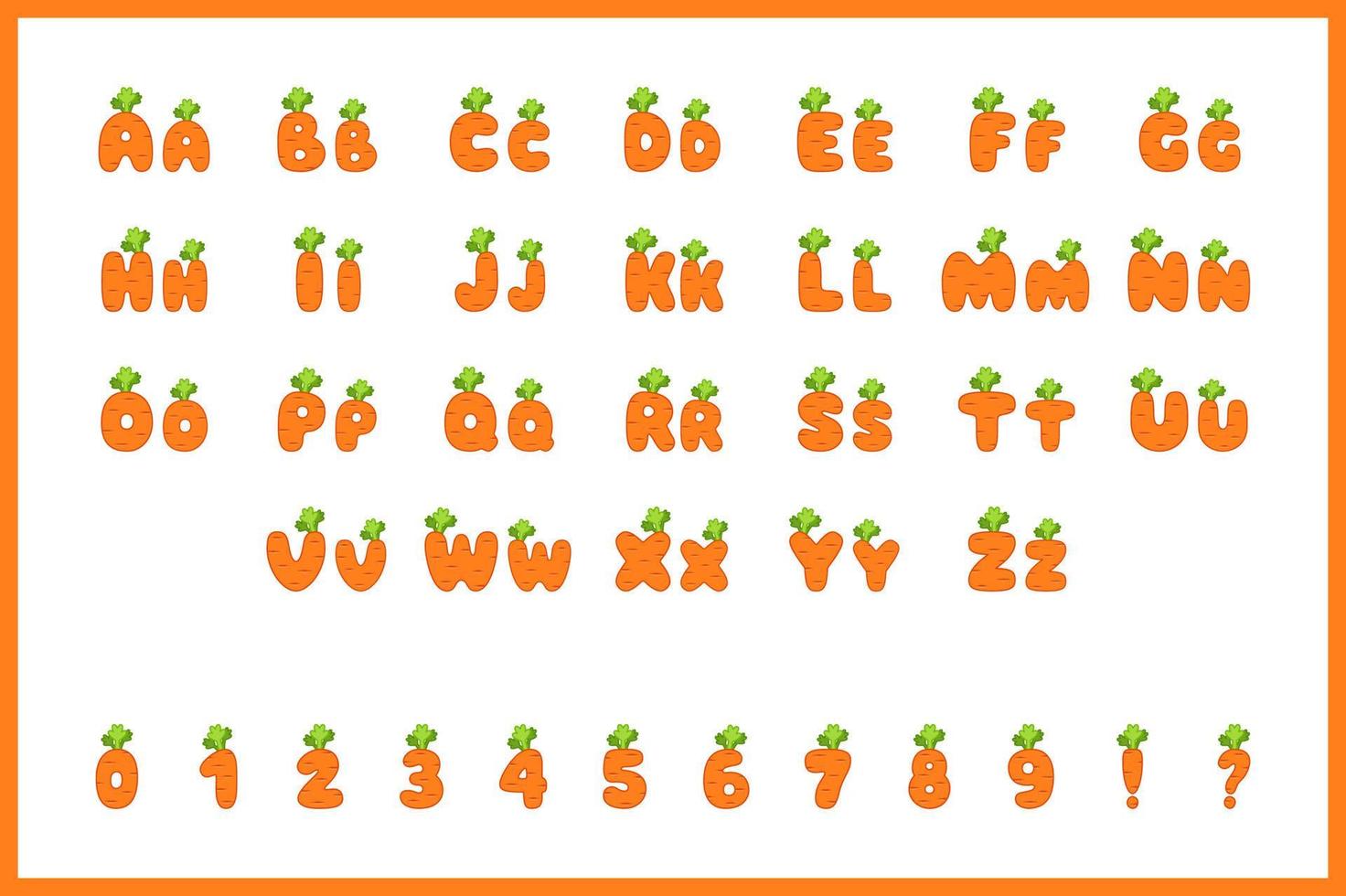 Zanahoria alfabeto en dibujos animados estilo vector