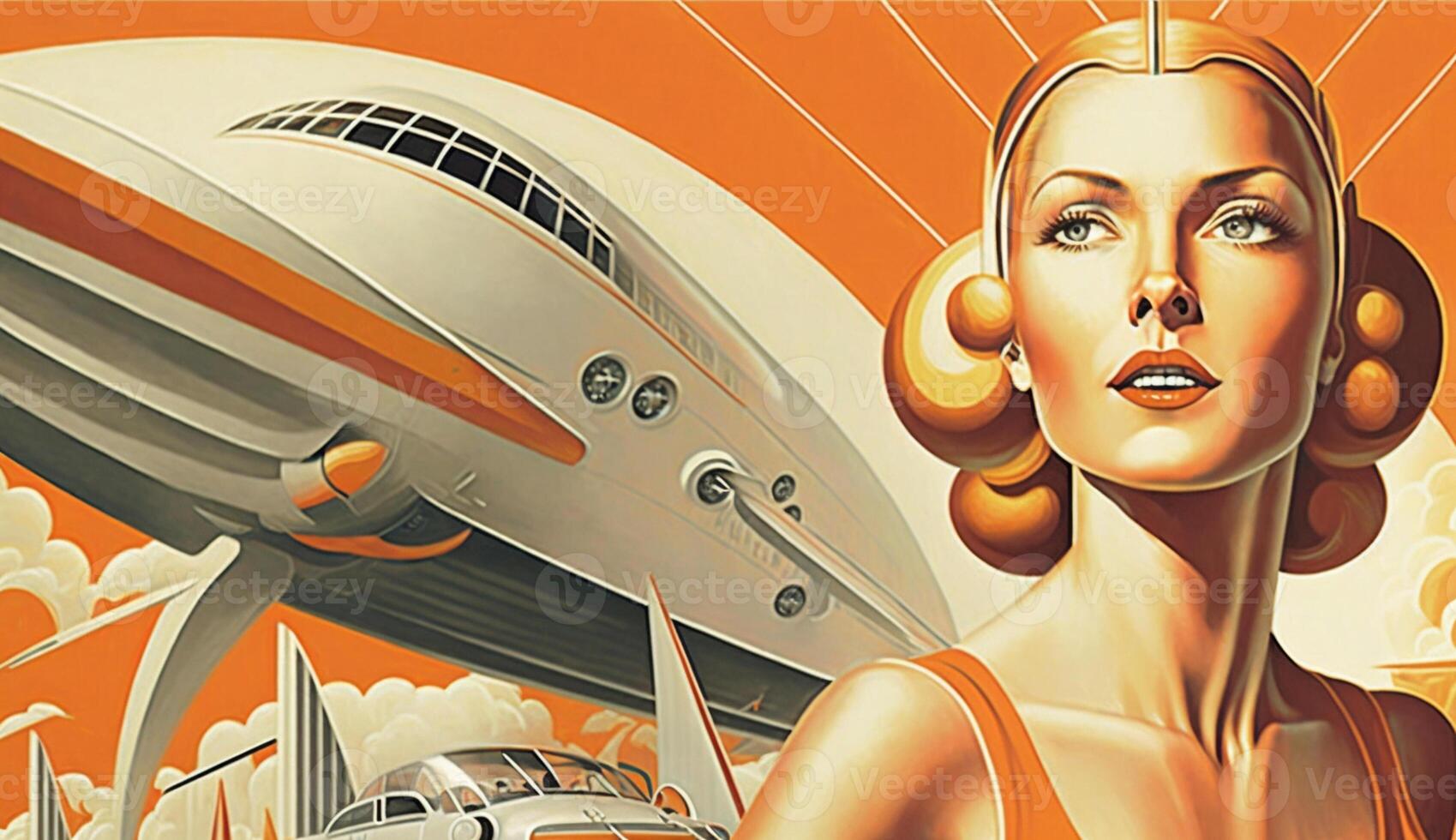 illustration of woman and transport with future technology in retro futuristic 30s style poster ,generative ai photo