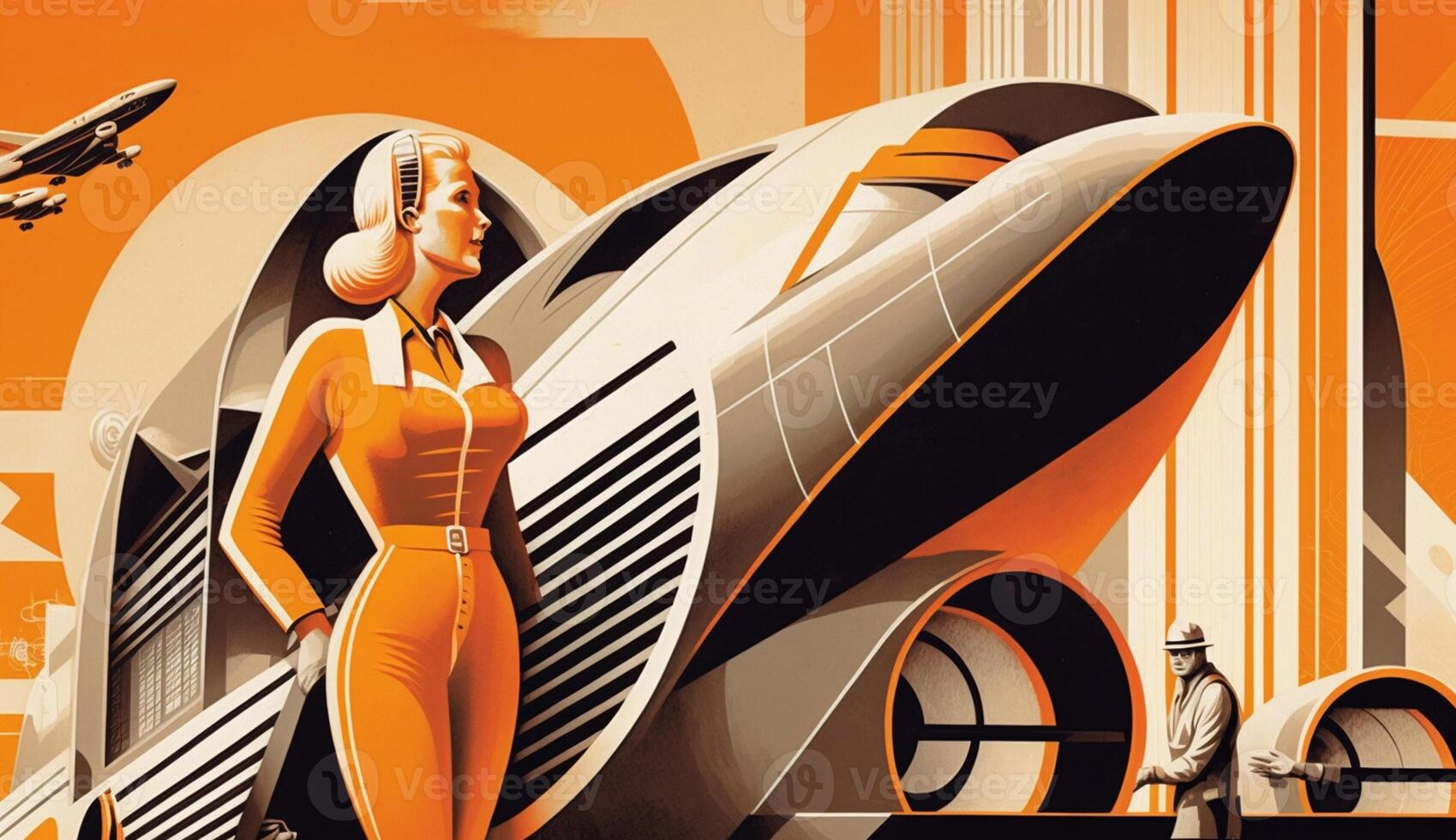 illustration of woman and transport with future technology in retro futuristic 30s style poster , photo