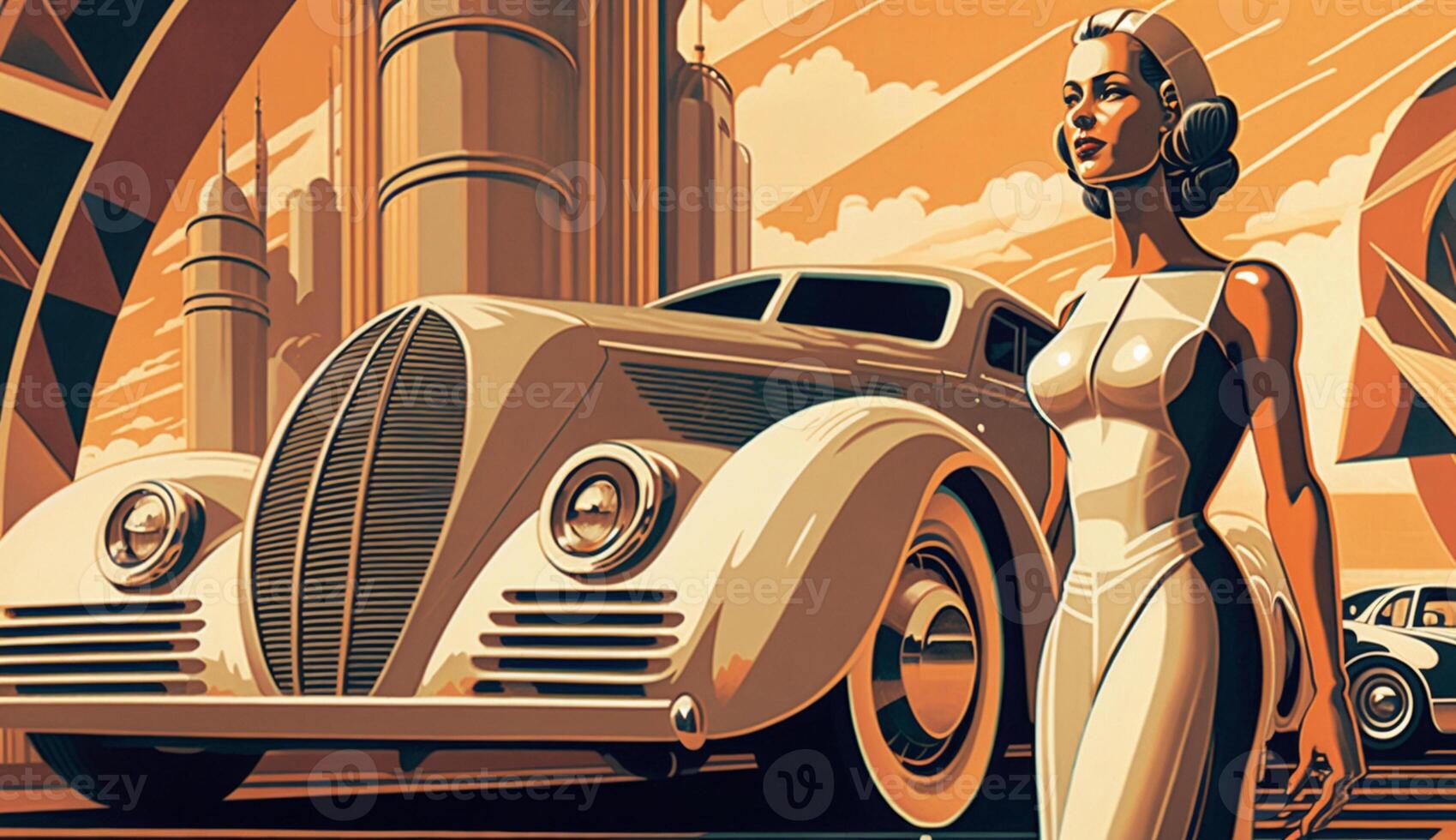 illustration of woman and transport with future technology in retro futuristic 30s style poster , photo