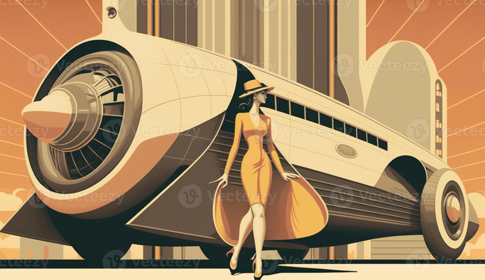 illustration of woman and transport with future technology in retro futuristic 30s style poster , photo