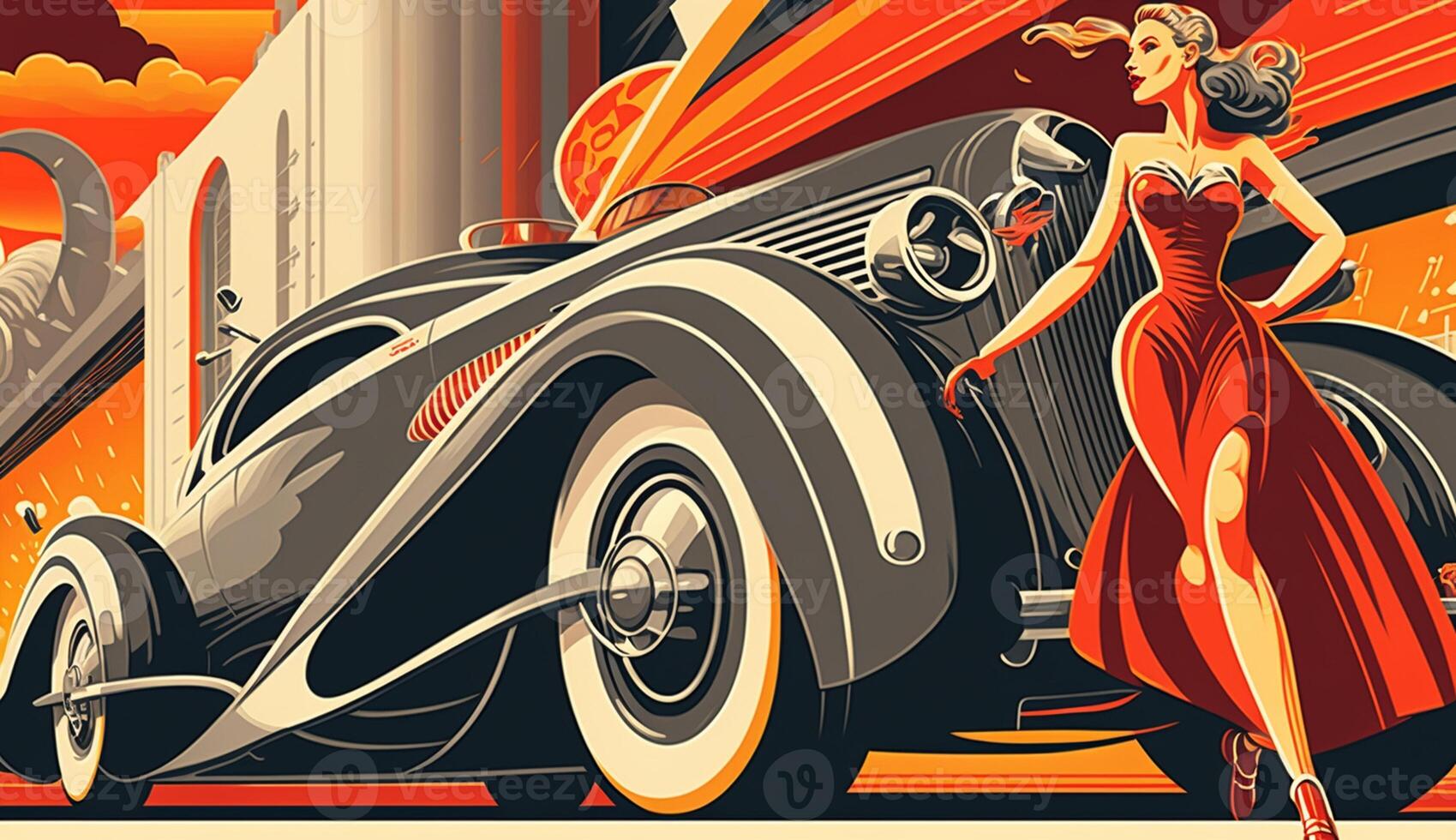 ilustración de mujer y transporte con futuro tecnología en retro futurista 30s estilo póster ,generativo ai foto