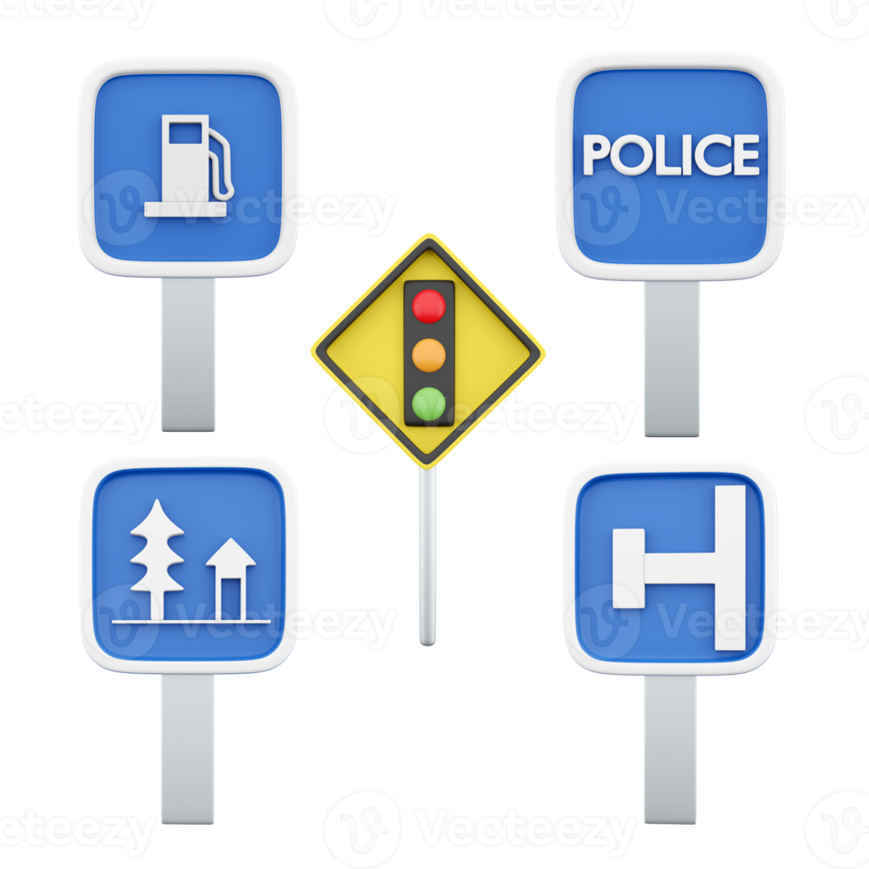 3d rendering gas station, traffic light regulation, police, resting place, dead end on the left road sign icon set. 3d render road sign concept icon set. png