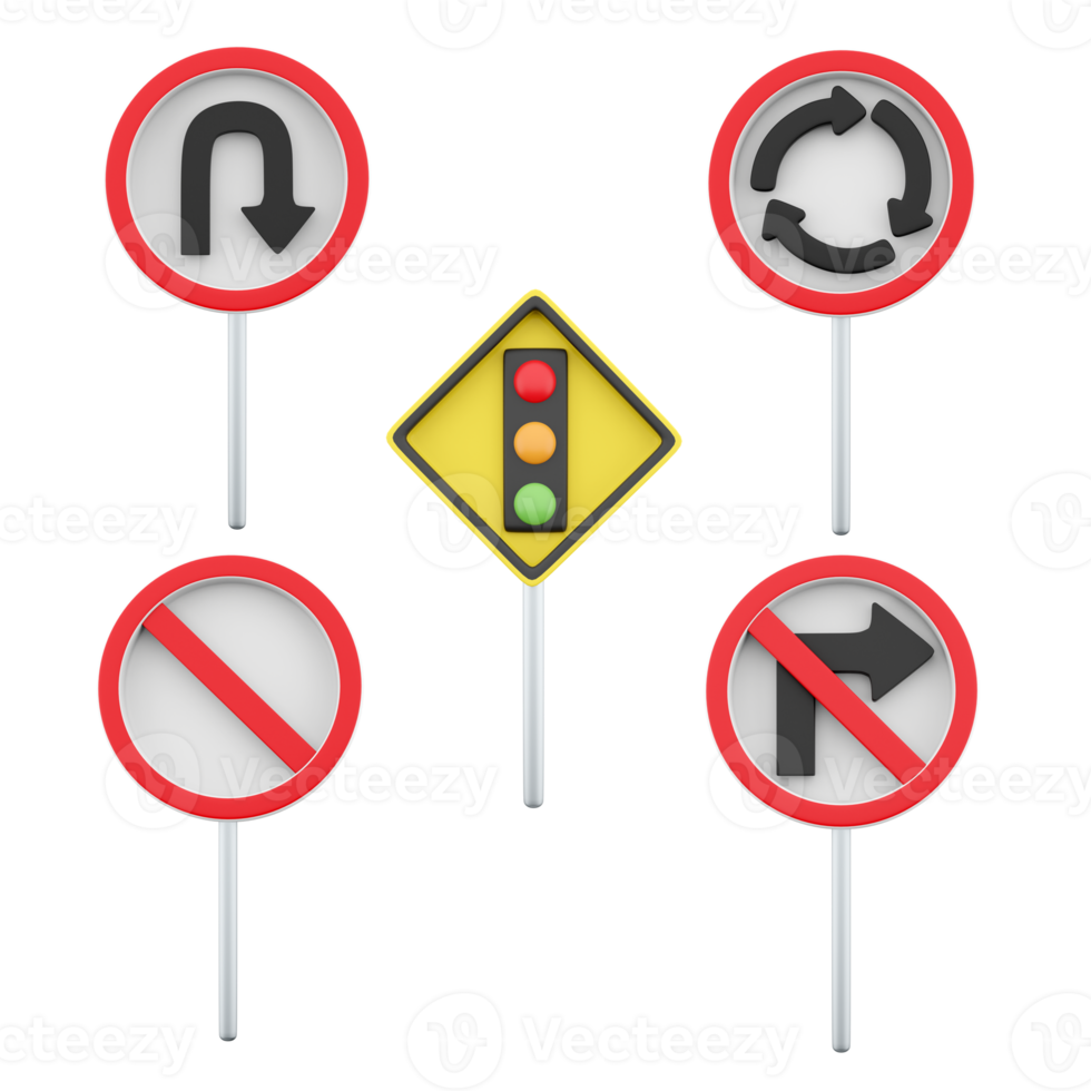 3d rendering U turn, roundabout, traffic light regulation, right turn prohibited, no parking road sign icon set. 3d render road sign concept icon set. png