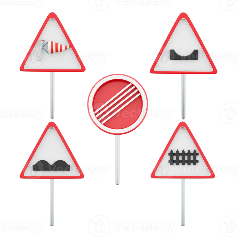 3d representación lado viento, agujero en el camino, advertencia señales enfoques a nivel cruces, ferrocarril tren nivel cruce, áspero la carretera firmar icono colocar. 3d hacer la carretera firmar concepto icono colocar. png