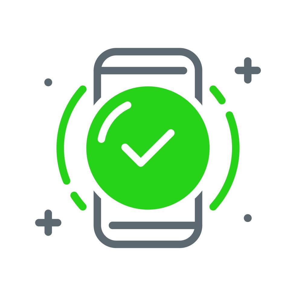 done, all steps or processes complete, successfully, check mark on smartphone screen concept illustration line icon design vector eps10. modern graphic element for empty state ui, infographic