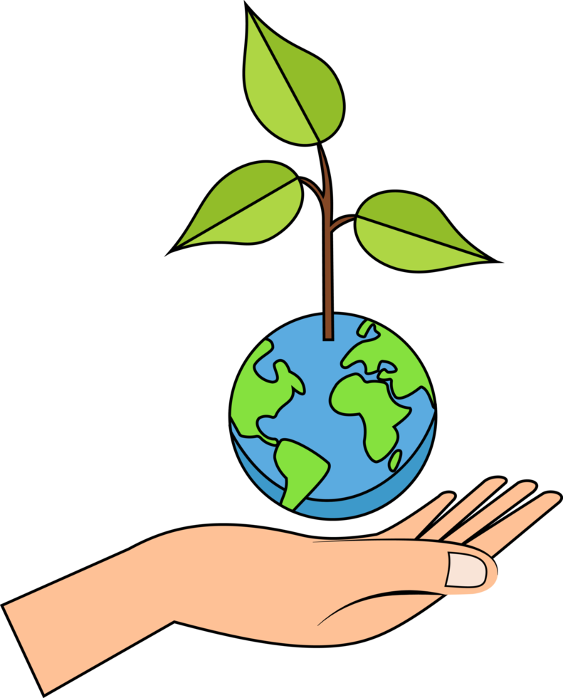 hand holding small earth and plant seeds. happy earth day banner illustration png