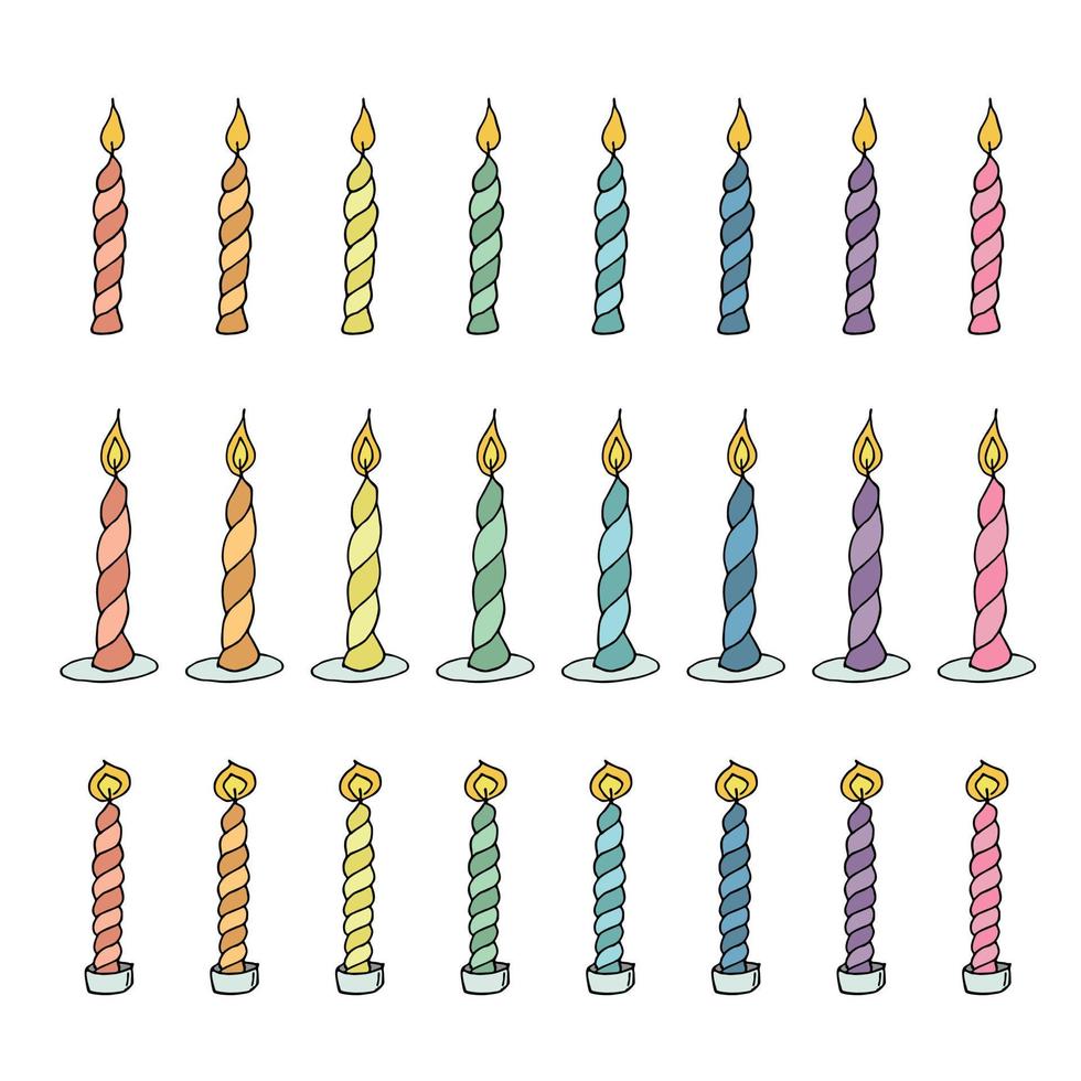 Burning birthday candle set. Single doodle illustration. Hand drawn clipart for card, logo, design vector