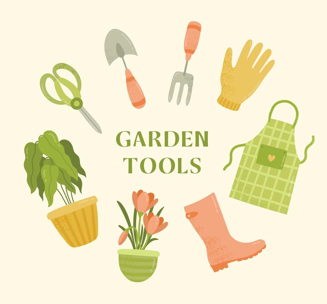 Vector gardening tools. Hand drawn cute flat icon with texture garden equipment and flowers isolated on light background. Home flowers in pots. Secateurs, shovel, apron, rubber gloves and boots