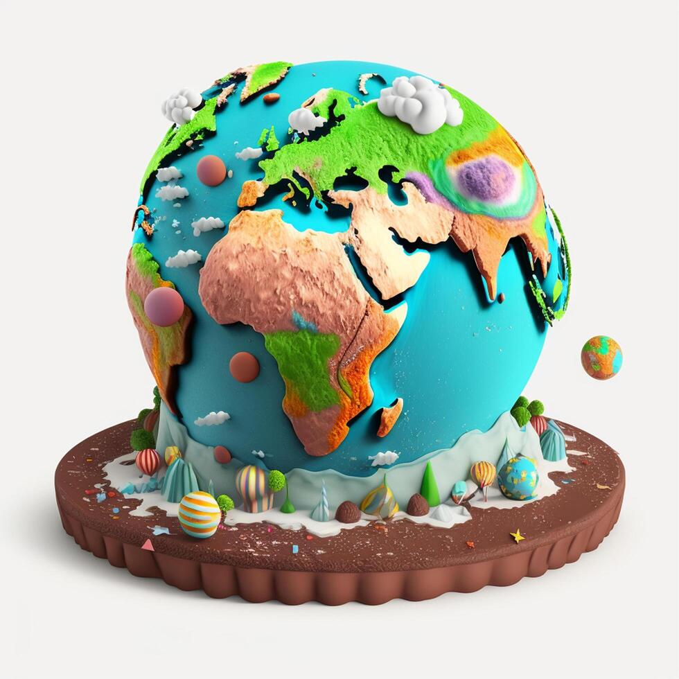 Earth shaped birthday cake 3d illustration , photo