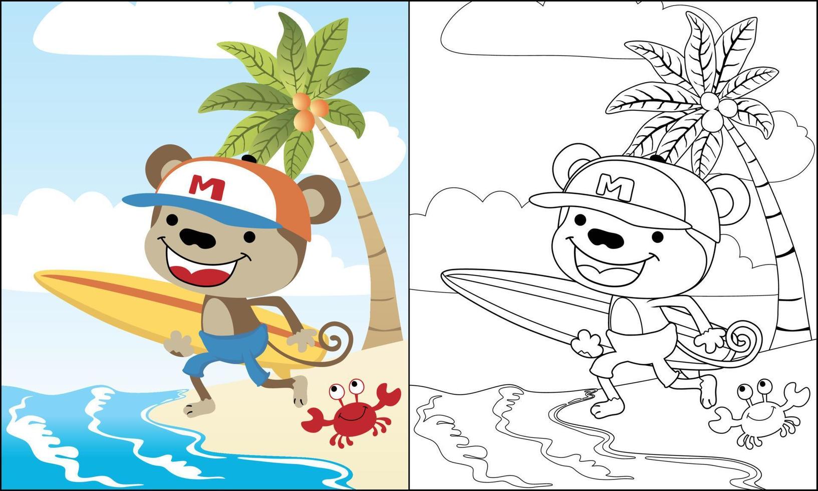 colorante libro de mono dibujos animados que lleva tabla de surf en el playa con pequeño cangrejo vector