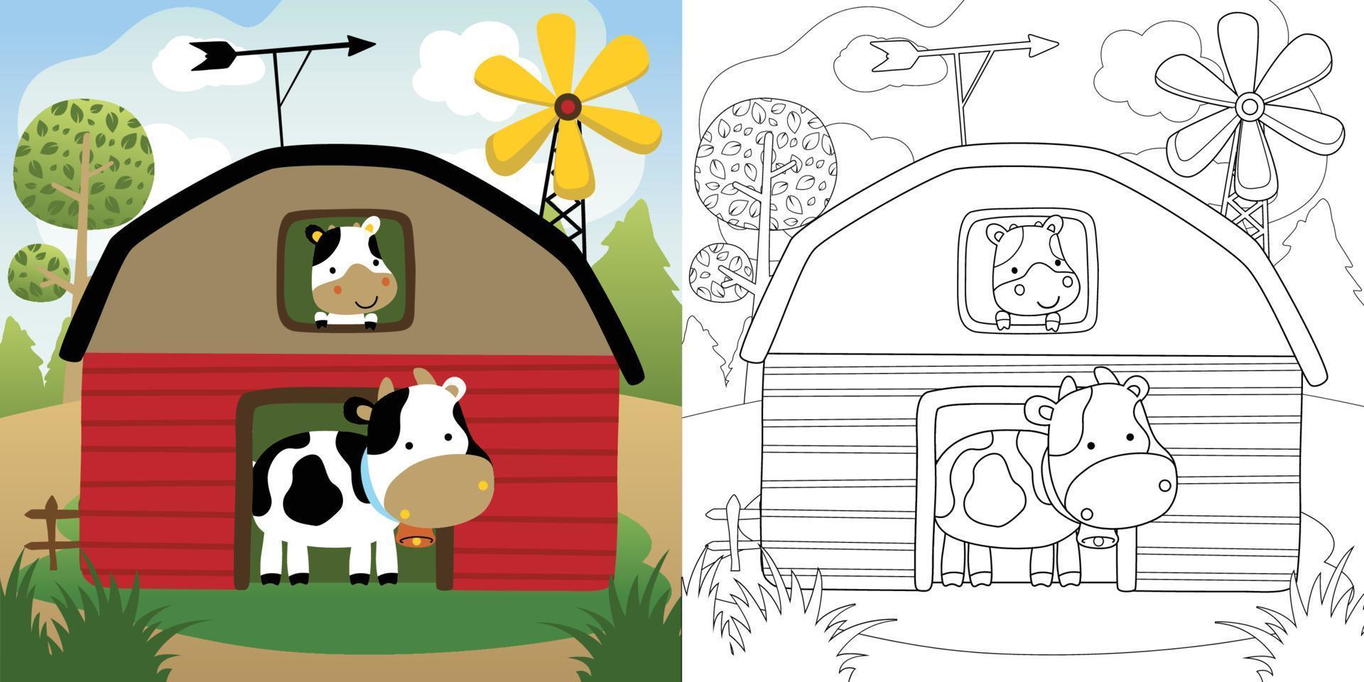Vector illustration, coloring book of cows in the barn, farming elements cartoon