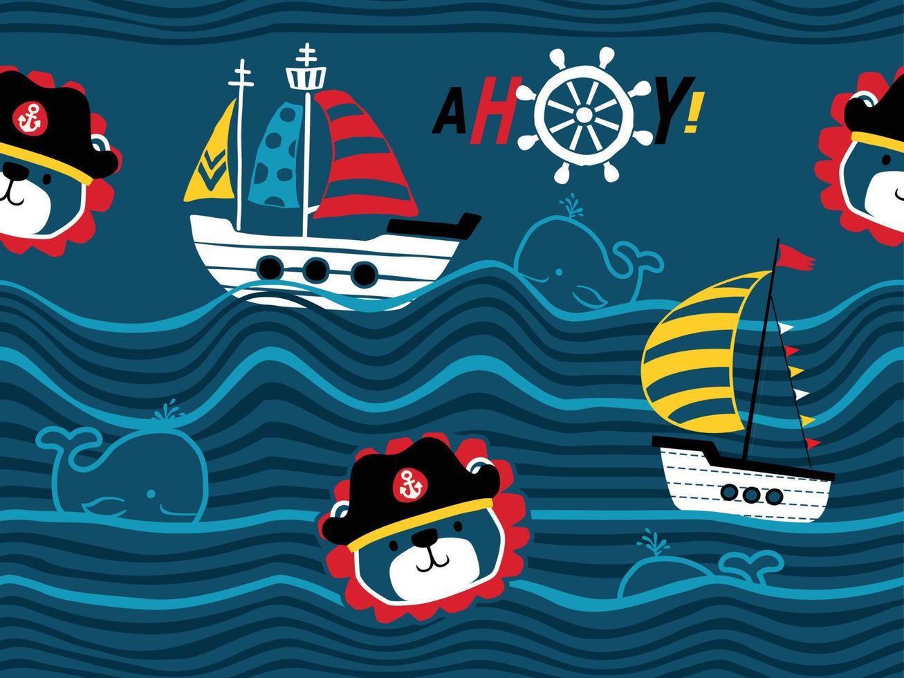 seamless pattern of pirate elements cartoon with cute lion in pirate cap vector