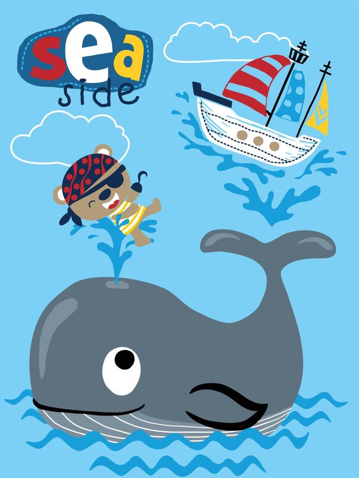 cartoon of big whale playing with funny pirate bear and sailboat in sea vector