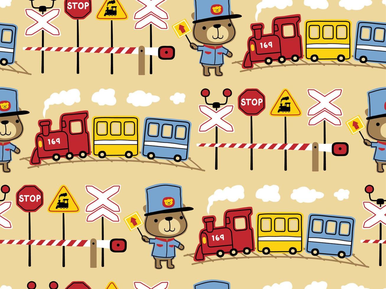 seamless pattern of railway elements cartoon, cute bear in machinist costume, colorful steam train vector
