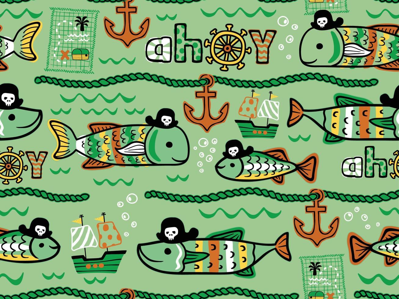 seamless pattern of hand drawn fishes cartoon in pirates accessories, pirate elements vector illustration