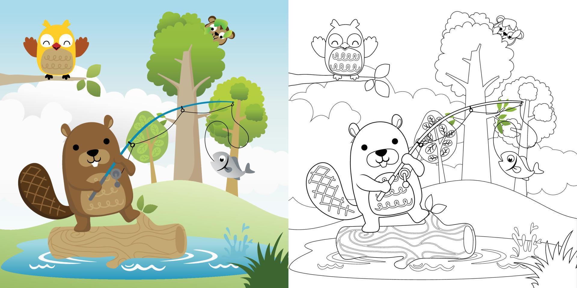 Vector illustration, coloring book of beaver fishing, owl perch on tree branches, monkey hiding on tree