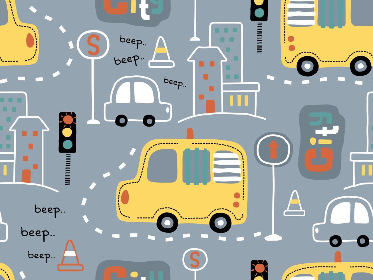 seamless pattern of hand drawn city traffic elements, vector cartoon illustration