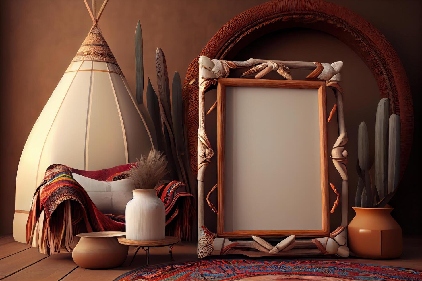 Mockup frame in nomadic boho interior background with rustic decor . photo