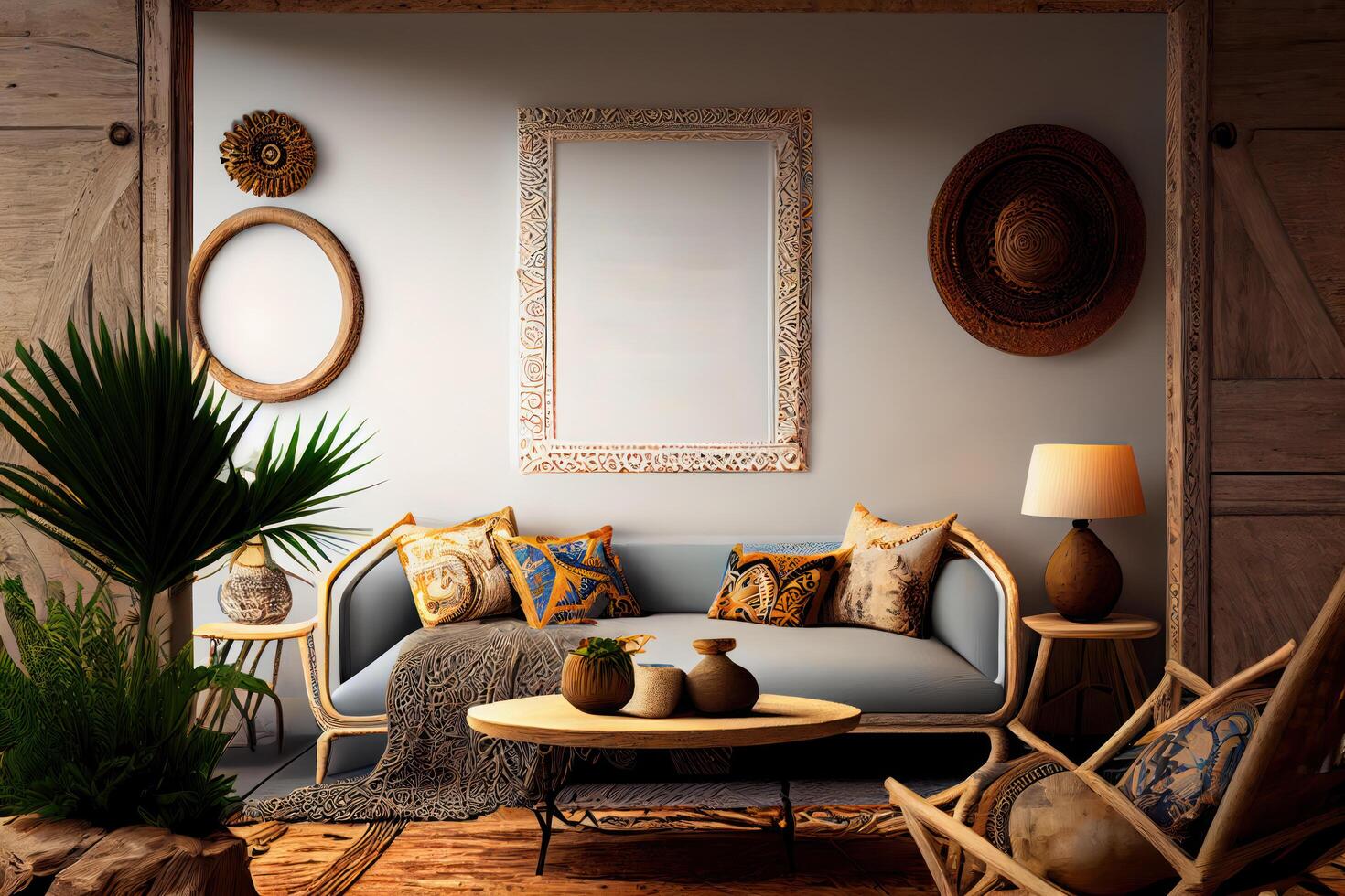 Mockup frame in nomadic boho interior background with rustic decor . photo