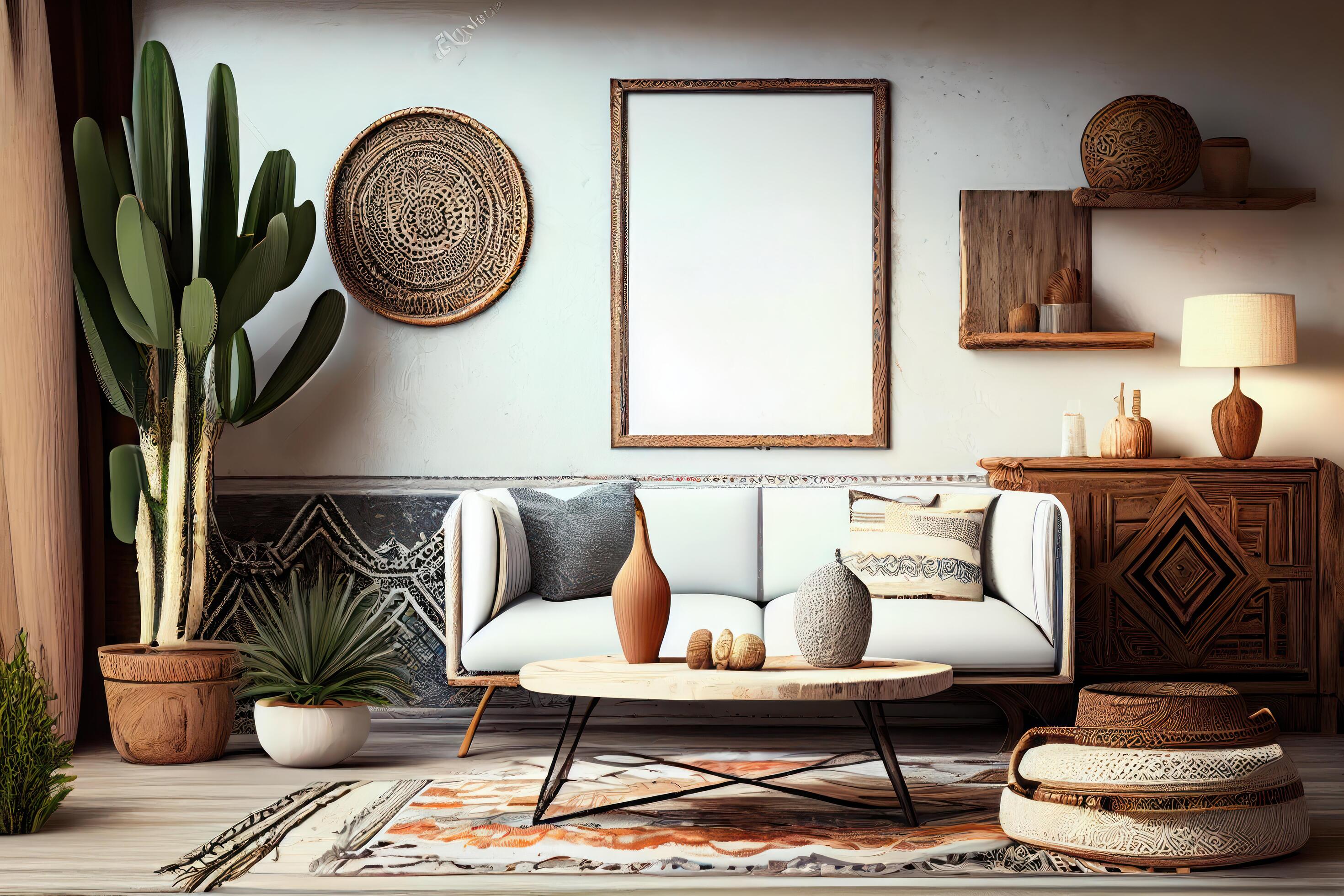 Mockup frame in nomadic boho interior background with rustic decor . AI