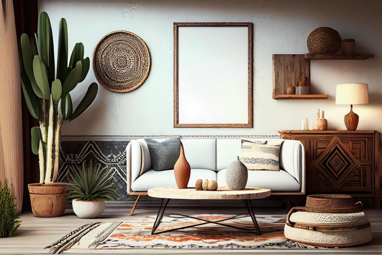 Mockup frame in nomadic boho interior background with rustic decor . photo