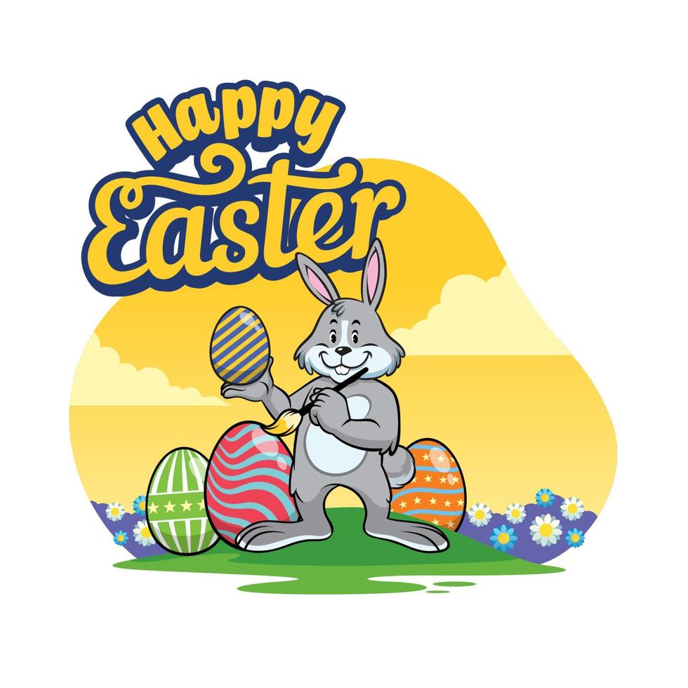 easter bunny painting egg with cartoon style vector