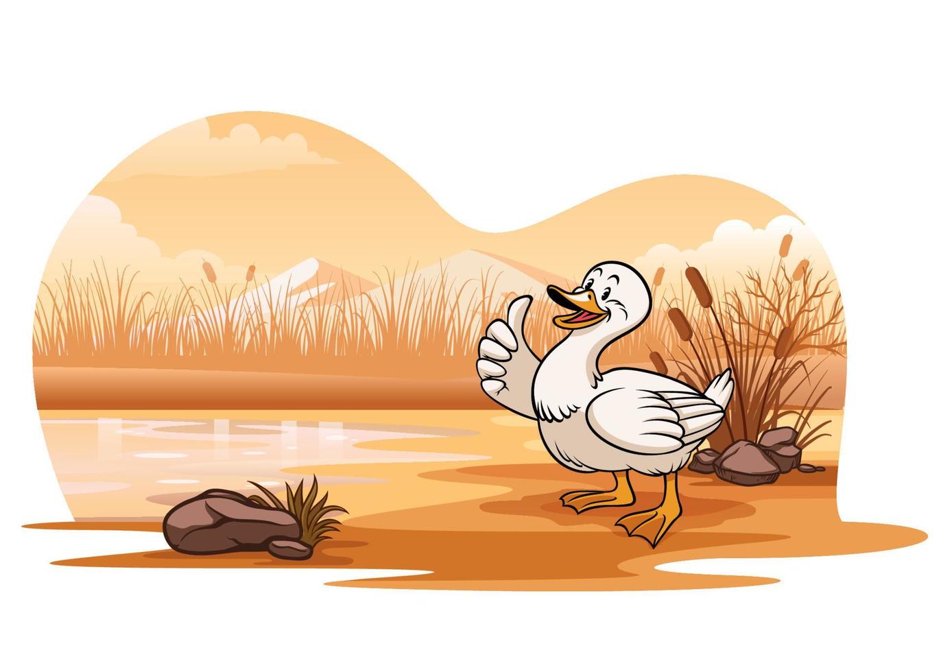 Pato en el lago con dibujos animados estilo vector