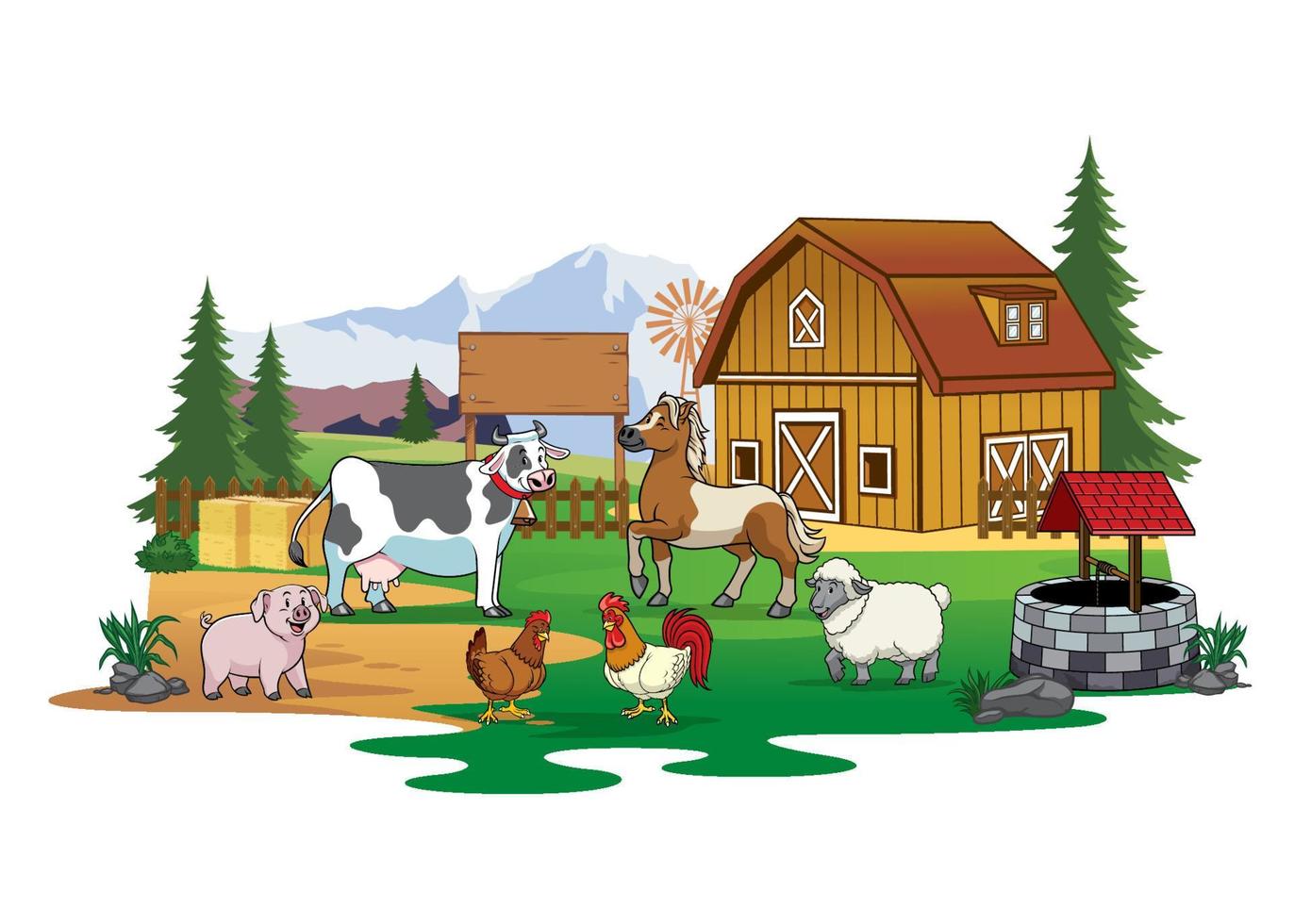 farm animals near of the barn vector