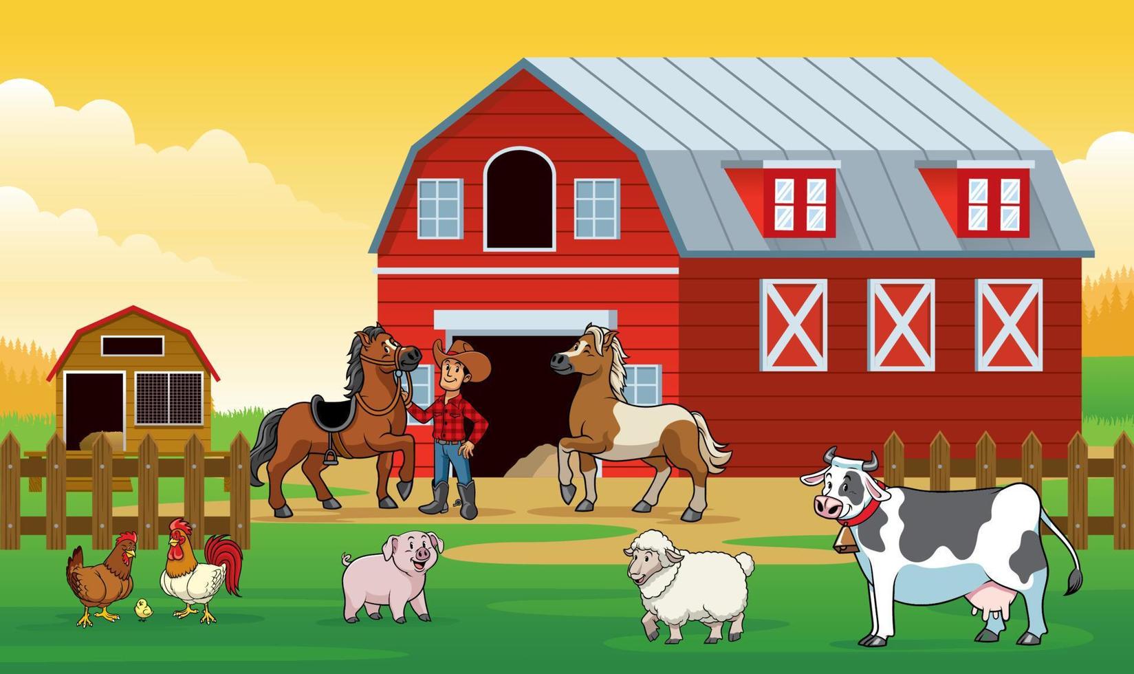 happy animals farm with the farmer vector