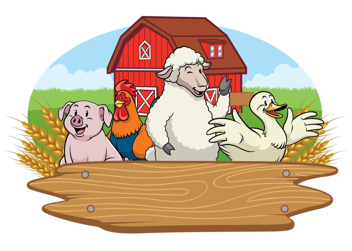 happy animals in the farm yard with blank wooden sign vector