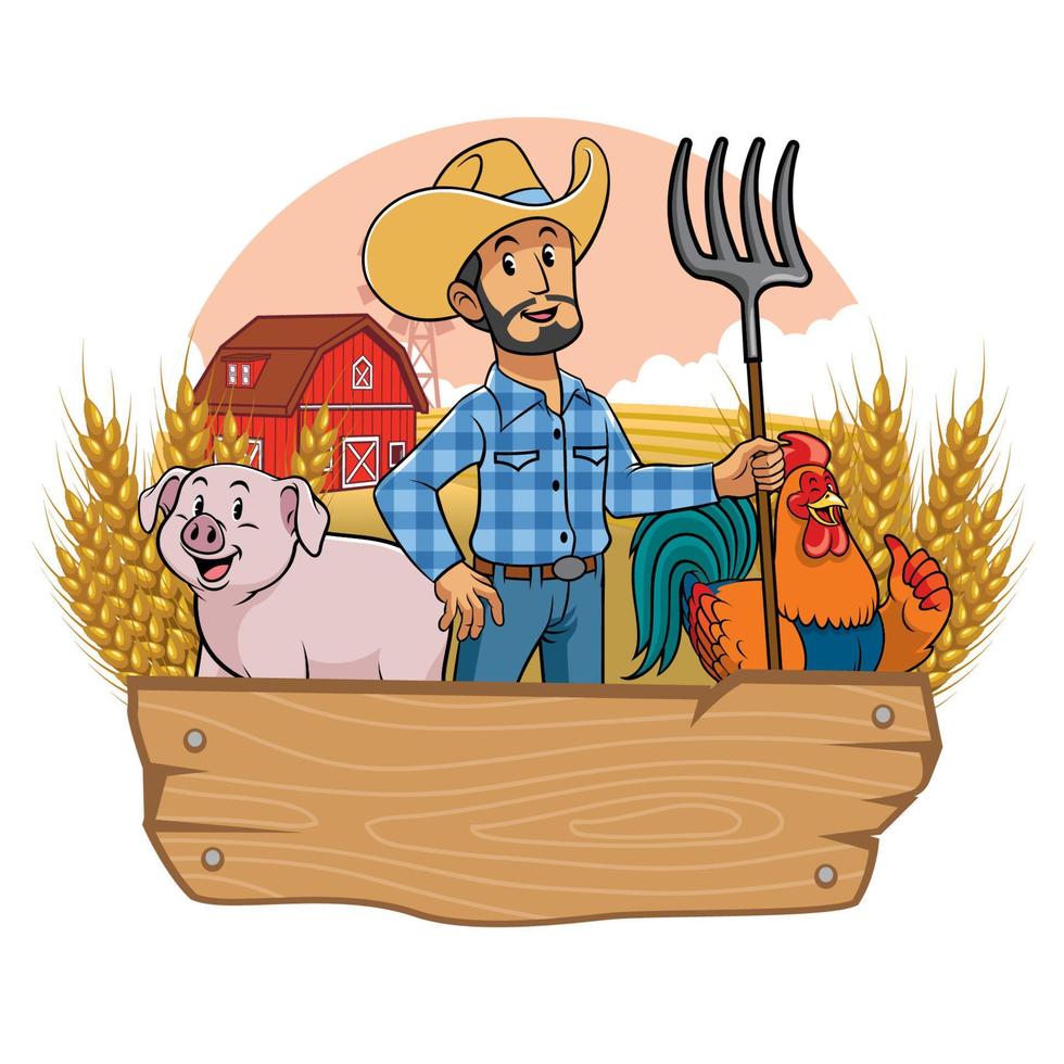 happy animals farm with blank wooden sign vector