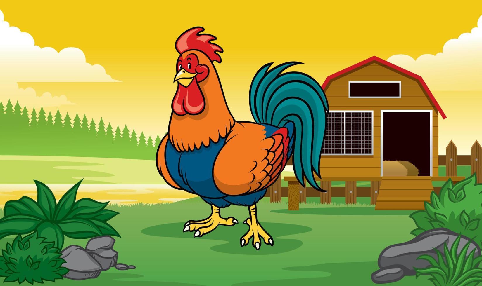 rooster and coop with cartoon style vector
