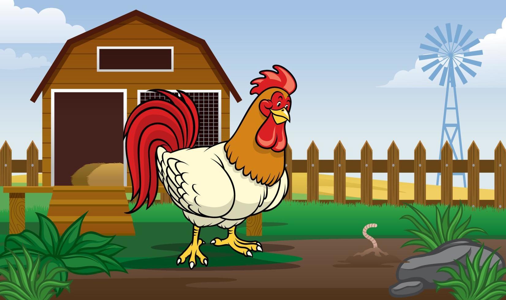 gallo en el granja yarda con dibujos animados estilo vector