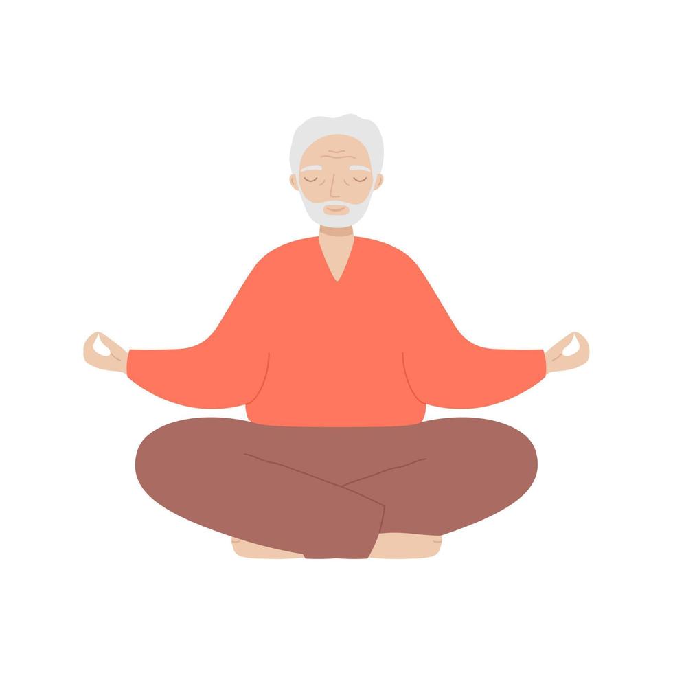 Senior man sits cross-legged and meditates. Old man makes morning yoga or breathing exercises. vector