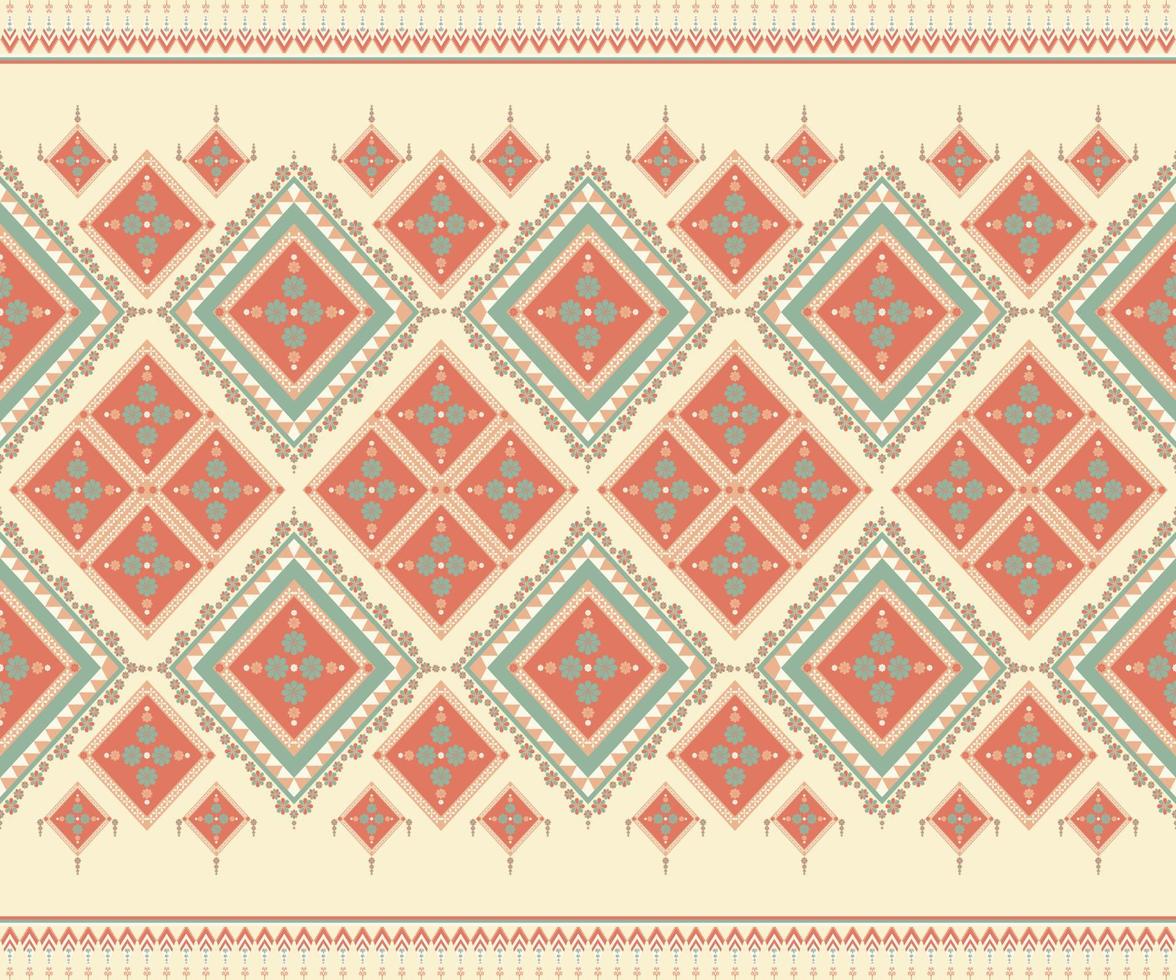 Ethnic folk geometric seamless pattern in orange and green tone in vector illustration design for fabric, mat, carpet, scarf, wrapping paper, tile and more