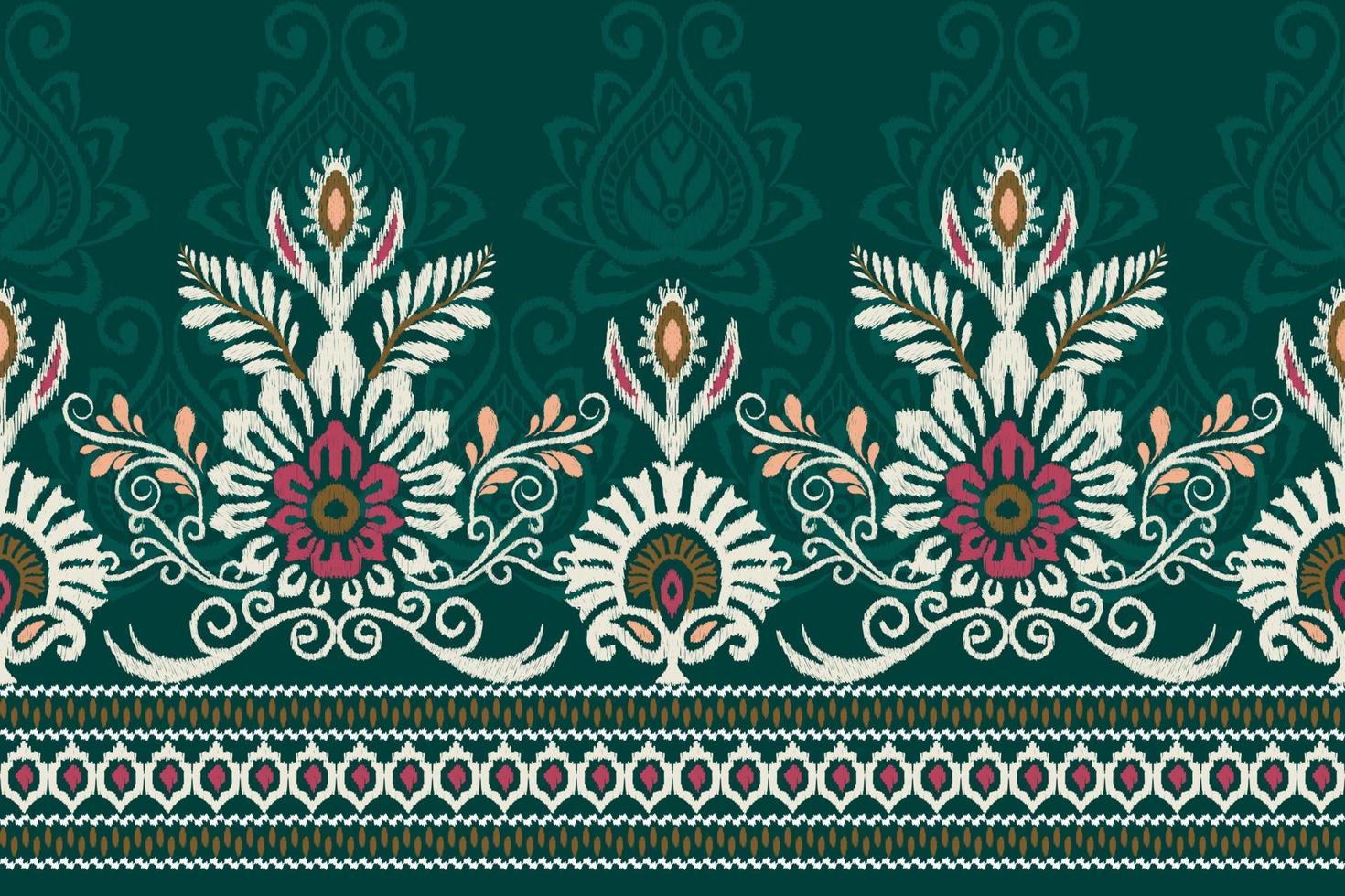 ikat floral cachemir bordado en verde fondo.ikat étnico oriental modelo tradicional.azteca estilo resumen vector ilustración.diseño para textura,tela,ropa,envoltura,decoración,pareo,bufanda